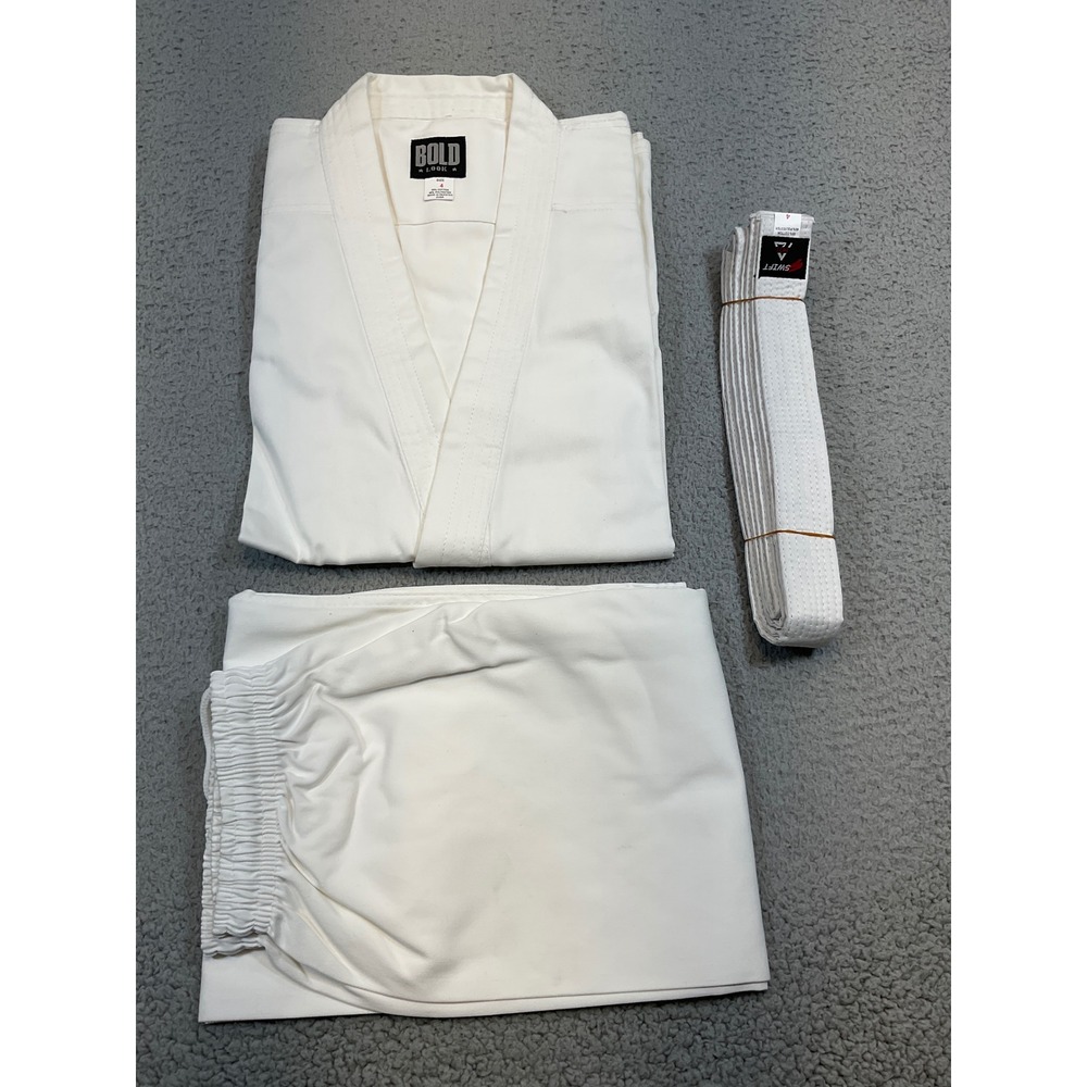 Bold Look Martial Arts Gi Uniform Kids Size 4 White Excellent 3-Piece Set Belt